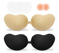 Quikobo Sticky Push up Bra - 2 Pair Invisible Reusable Strapless Backless Bra Adhesive Bra for Women with Nipple Covers Beige