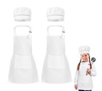 Quilax 2 Set Kids Apron and Chef Hat Set, Adjustable Cooking Painting Apron with Butcher Hat, Kitchen Baker Chef Costume for Children Boys Girls(White)
