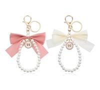 Quilax 2Pack Fabric Bow Pearl Keychain Set, Elegant Bow Keychains with Wristband, Cute Keychain Bows Charm for Purses Backpacks, Pink and Apricot Gift Accessories