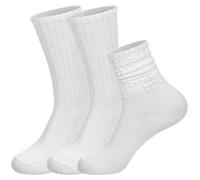 Quilax 3 Pairs White Womens Scrunch Crew Socks, White Slouchy Socks for Women, 2 Ways to Wear, Stylish and Simple Slouch Sock(White,White)