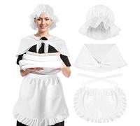 Quilax 3 Pcs Victorian Costume Women, Women's 1940s Clothing, Colonial White Bonnet,Lace Shawl, and Ruffle Waist Apron with Pockets, Maid Dress for Halloween Cosplay Historical Reenactment