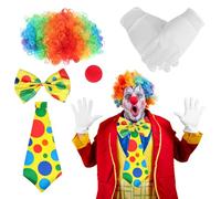 Quilax 5Pcs Clown Costume Set, Red Clown Wig Accessories Nose Bow Tie White Gloves for Women men, Carnivals Accessories for Parties Circus Carnivals Pretend Play