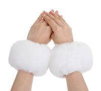 Quilax White Fur Faux Rabbit Wrist Cuffs, Cozy Polyester Wrist Warmers for Women, Winter Accessories (Black)(White)