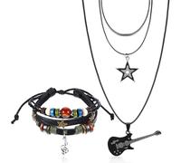 Quilax Y2k Star Necklace Grunge Bracelets Set, Stackable Chunky Star Pendant Grunge Jewelry Y2k Gothic Swirl Stars Necklaces, Punk Rock Roll Music Guitar Grungee Accessories for Women Men
