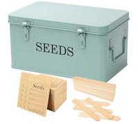 QUILIVIK Large Modern Green Rectangular Metal Seed Storage Box with 4 Compartments and 40 Envelopes and 20 Bamboo Plant Labels