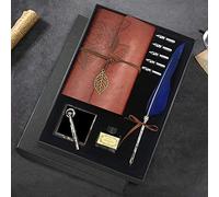 Quill Pen and Ink Set, Antique Feather Dip Calligraphy Pen Set, including Quill Pen, 5 Replacement Nibs, Pen Nib Base, Notebook, Ink, Gift Box, Best Gifts for Him Men Dad (Blue)