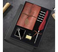 Quill Pen and Ink Set, Antique Feather Dip Calligraphy Pen Set, including Quill Pen, 5 Replacement Nibs, Pen Nib Base, Notebook, Ink, Gift Box, Best Gifts for Him Men Dad (Red)