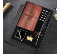 Quill Pen and Ink Set, Antique Feather Dip Pen Calligraphy Pen Set, including Feather Pen, 5 Replacement Nibs, Pen Nib Base, Notebook, Ink, Gift Box, Best Gifts for Him Men Dad (Black)