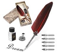 Quill Pen and Ink Set, Antique Feather Handmade Caligraphy Beginners Set for English Writing, Vintage Stationery Gift with Nib Bases Bottle No Ink, Harry Potter Quill and Ink Set Cosplay Prop (Red)