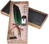 Quill Pen Set, Drawing Pen with 5 Nibs, European Retro Style Zinc Alloy Calligraphy Pen for Writing, Drawing, Gothic and Italian Calligraphy Practice, Includes Pen Stand an (Green) Clever Fashion