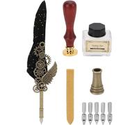 Quill Pen Set, Pen with Stainless Steel Nib, Elegant Calligraphy Pen Kit for Writing, Includes 5 Replaceable Nibs, Stamp and Empty Ink Bottle, Retro Design Gift for Teacher (SP283701 Golden Black Conv