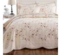 Quilt Set Classical 3D Floral Embroidery Pattern 3-Piece Cotton Quilted Embroidered Decorative Bedspreads and Coverlet Set, Lightweight &Soft