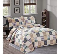 Quilt Set Queen/Full Size Beige Plaid Bedspread Country Patchwork Bedding Red Blue White Plaid Quilts Reversible Plaid Printed Quilt Coverlet All-Season Mens Plaid Quilt+2 Pillow Shams (90"90") Beige