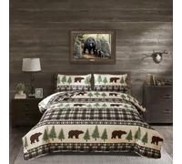Quilt Set Queen Size Rustic Lodge Plaid Quilt Bed Spread Country Cabin Brown Bear Bedding Lightweight Reversible Quilts Home Bedspread Coverlet with 2 Pillow Shams