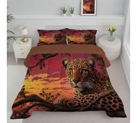 Quilt Super King 7.5 Tog Bed Comforter, Soft Lightweight Abstract Sunset Animals Coverless Duvet, Machine Washable Leopard Printed Duvet Set with 2 Pillowcases (Red, 264x230cm)