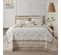 QuiltEase Oversized Queen Bedspread - 120" Lx102 W Extra Wide - 100% Cotton Lightweight Vintage Floral Super Bed Coverlet Set - Reversible California King Quilt - Brown/Teal/Whisper White