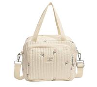 Quilted Baby Nappy Bag, quilted tote bag, Bear or Flower Large Capacity Cotton Diaper Tote with Adjustable Strap, Multifunctional Travel Messenger Bag for Maternity and Baby Changing (Flower B)