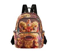 Quilted Backpack Women 14 Inch Lightweight Daypack Floral Skull Dark, Festive Lion Dance Scene Red, S, Rucksack Backpacks