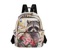 Quilted Backpack Women 14 Inch Lightweight Daypack Flower Dark Design, Floral Raccoon Art Light Beige, S
