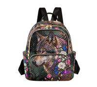 Quilted Backpack Women 14 Inch Lightweight Daypack Flower Dark Design, Floral Wolf Art Dark Green, S