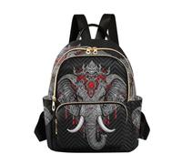 Quilted Backpack Women 14 Inch Lightweight Daypack Luminous Magic Array, Tribal Elephant Art Red, M, Rucksack Backpacks