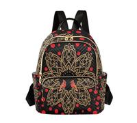 Quilted Backpack Women 14 Inch Lightweight Daypack Owl Floral Light Mint, Ornate Red Birds Mandala, M, Rucksack Backpacks