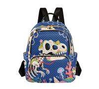 Quilted Backpack Women 14 Inch Lightweight Daypack Watercolor Elephant Mom, Underwater Dinosaur Skeleton, Medium