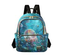 Quilted Backpack Women 14 Inch Lightweight Daypack Watercolor Elephant Mom, Underwater Sea Lifes Art Turquoise, Medium