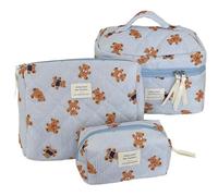 Quilted Bear Makeup Bag Set 3Pcs - Cute Cosmetic Organizer with Zipper Travel Toiletry Bags for Women Girls, Blue