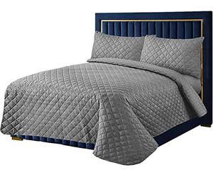 Quilted Bedspreads with Matching Pillowcases, Diamond Floral Embossed Pattern Comforter Set, Ultrasonic Microfibre Luxury Bed Throws, Easy care, Machine Washable (Grey, Single)