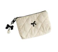 Quilted Bow Cosmetic Bag with Pendant Cute Makeup Pouch for Lipstick Wallet Case(Beige)