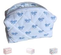 Quilted Bow Makeup Bag, Cute Bow Pencil Pouch, Toiletry Organizer Bag for Women and Girl, Puffy Makeup Bag Preppy Zipper Pouch (Blue-2)