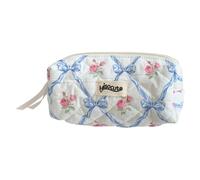 Quilted Bowknot Floral Pencil Case Cosmetic Bag Stationery Organizer for Girl (Blue) (style2)