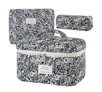 Quilted Cosmetic Bag - Cotton Black Rose Makeup Bags in Different Sizes, 3 Pieces Quilted Large Cotton Beauty Pouch with Zipper | Teen Makeup Bags | for Women School Outdoor House Care Beauty Vanity