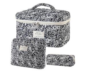 Quilted Cosmetic Bag, Grooming Balm Aid, 3 Pieces Large Cotton Beauty Pouch with Safety, Zippered Makeup Organizer Tool with Comfort, Modern Travel Design Style, Accessory for Women 5.28x3.35 inches