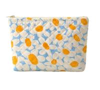 Quilted Cosmetic Bag with Abstract Floral Diamond Print - Zippered Travel Toiletry Organiser Portable Makeup Storage Pouch for Women Girls, Cream Background Orange Blue Design