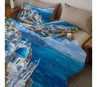 Quilted Coverless Duvet for Super King Size, Easy Care Seaside Town Printed Quilt Set with Pillowcases, Soft Lightweight Oil Painting Mediterranean Style for All Season Blue Quilted Quilt 264x228 cm