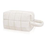 Quilted Cute Makeup Bag, Checkered Cosmetic Bags with Divider, Waterproof Travel Toiletry Bag, Puffy Make up Pouch for Women Travel Essentials, White, M, Handle