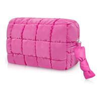 Quilted Cute Makeup Bag, Checkered Cosmetic Bags with Divider, Waterproof Travel Toiletry Bag, Puffy Make up Pouch for Women Travel Essentials, Fuchsia, M, Bow