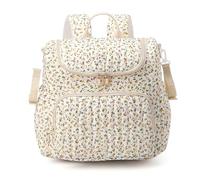 Quilted Diaper Bag, Floral Diaper Backpack, Spacious Mom Backpack with Multiple Pockets, White with Yellow Floral Print