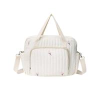 Quilted Embroidery Diaper Bag, Cotton Mommy Nappy Tote, Adjustable Strap Large Storage Maternity Bag, Durable Lightweight Pram Hanging Bag for Travel Hospital Outdoor Use (White)