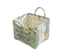 Quilted Fabric Storage Basket with Handles - Boho Foldable Floral Organizer Bin for Home, Picnic, Shopping, Travel 13"x11"x10" (Green Cottage)