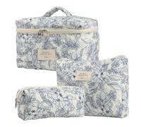 Quilted Floral Makeup Bag - 3x Cotton Quilted Cosmetic Bag | Lightweight Quilted Floral Toiletry Bag, Vintage Floral Quilted Bag, Makeup Gift Set Pamper the Ni, Colour - A, Consulte la