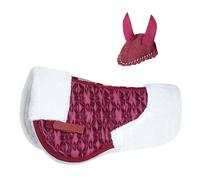 Quilted Horse Half Pad with Faux Fur Trim and Matching Fly Veil Bonnet Set (Maroon, Cob/Pony)