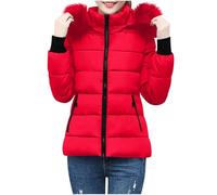 Quilted Jacket Womens Fur Trimmed Hooded Padded Puffer Coat Ladies Winter Padded Down Coat Thickened Warm Coats Full Zip Short Windproof Outerwear with Zipper Pockets