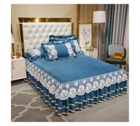 Quilted Lace Flowers Bed Sheet Set Home Mattress Cover Bedspread Cotton Warm Thick Bedding Bed Skirt Pillowcases Queen King For use in the bedroom(Blue,3pcs design 150x200)