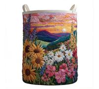Quilted Laundry Basket Boho Fabric Floral Storage Hamper for Nursery Bedroom Laundry Room Clothes Toys (Sunset flower field)