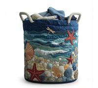 Quilted Laundry Basket Boho Fabric Floral Storage Hamper for Nursery Bedroom Laundry Room Clothes Toys (Beach joy)