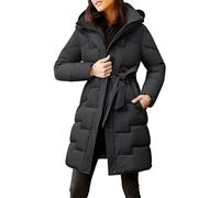 Quilted Long Puffer Coats for Women Winter Fitted Waist Tie-Front Hooded Padded Jacket Thickened Warm Parka Down Jackets with Hood and Belted Waist Outdoor Ski Coat