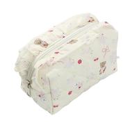 Quilted Makeup Bag 1pcs Bear Bow Quilted Octagonal Makeup Bag, Ruffle Design Cute Travel Toiletry,Fashion Portable Make Up(Ivory)